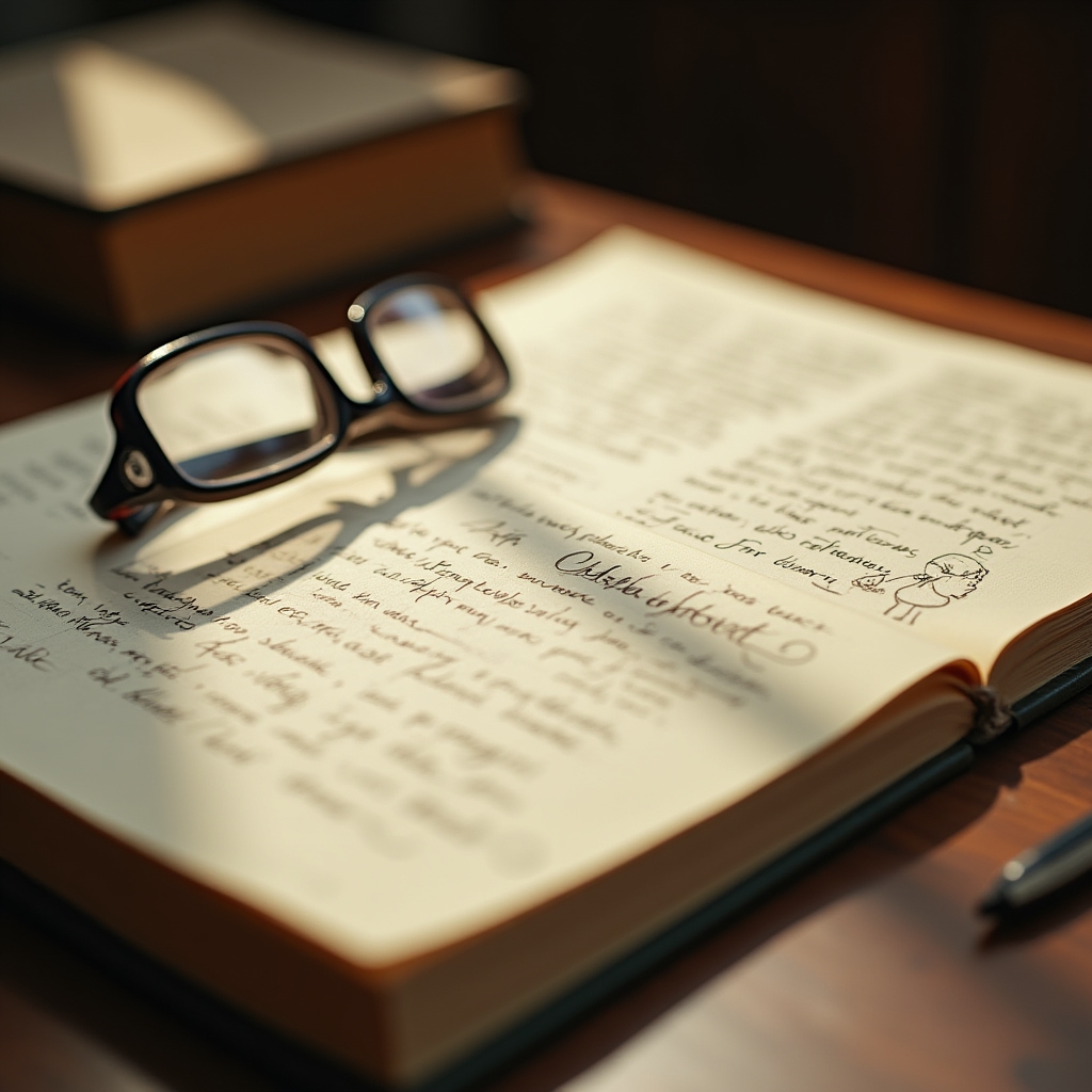 Handwritten character notes and a sketch in a creative writing notebook