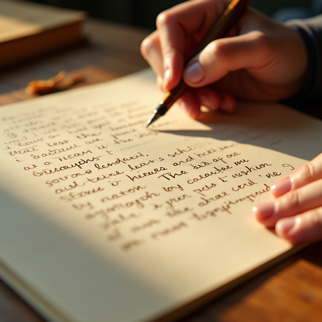 Handwritten feedback notes on a manuscript page with a pen resting on top