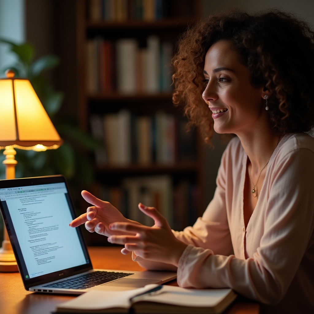A writing coach and adult student in a video call session with notes visible on screen