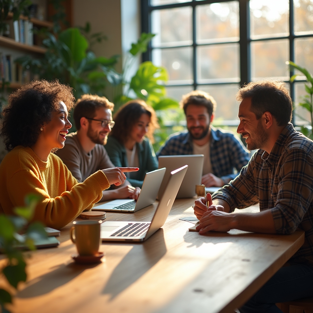 A group of adults gathered with laptops open, discussing writing in a bright shared space