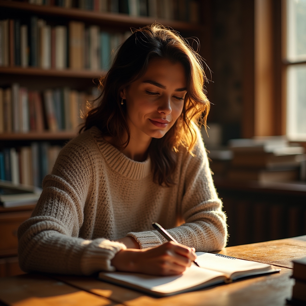 A writing program facilitator reviewing notes at a desk surrounded by books