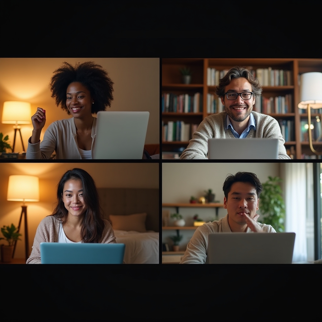 Adults participating in an online creative writing workshop over video call