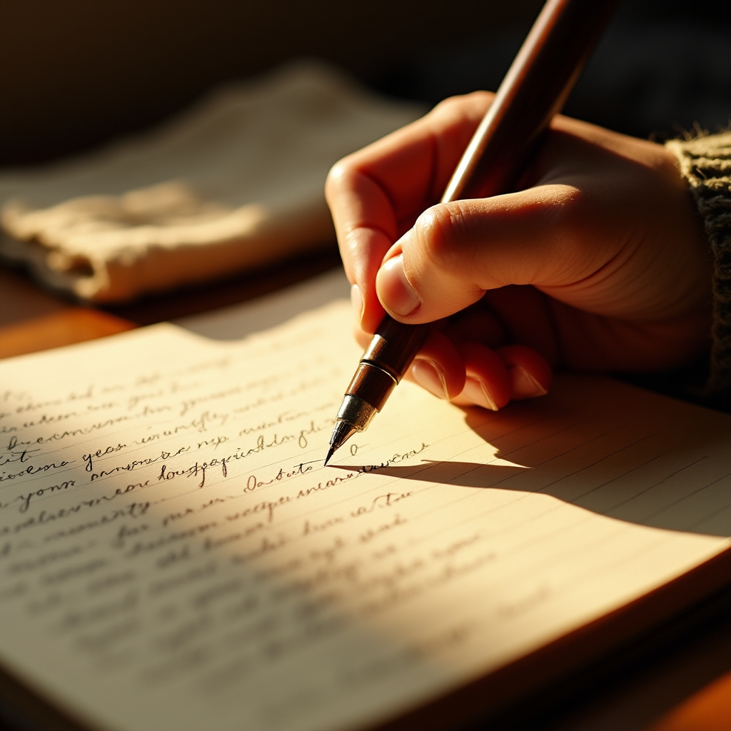 Close up of a hand writing in a journal with a fountain pen