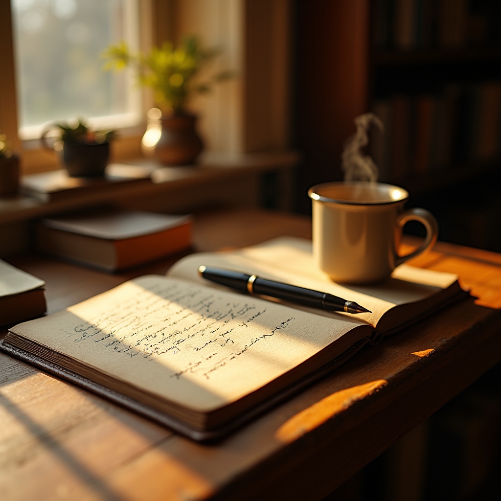 A writer's desk with an open notebook, pen, and warm afternoon light