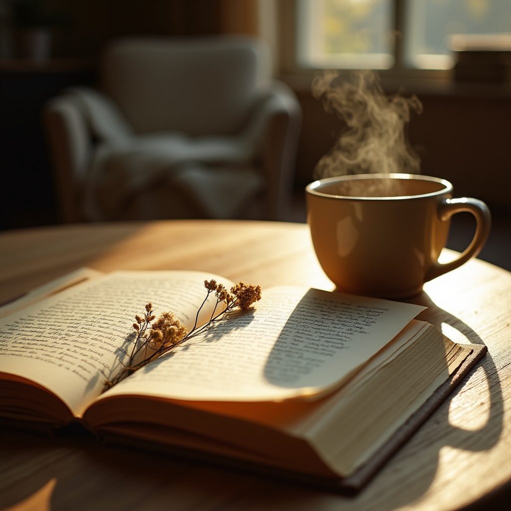 An open memoir notebook with pen resting beside a warm drink