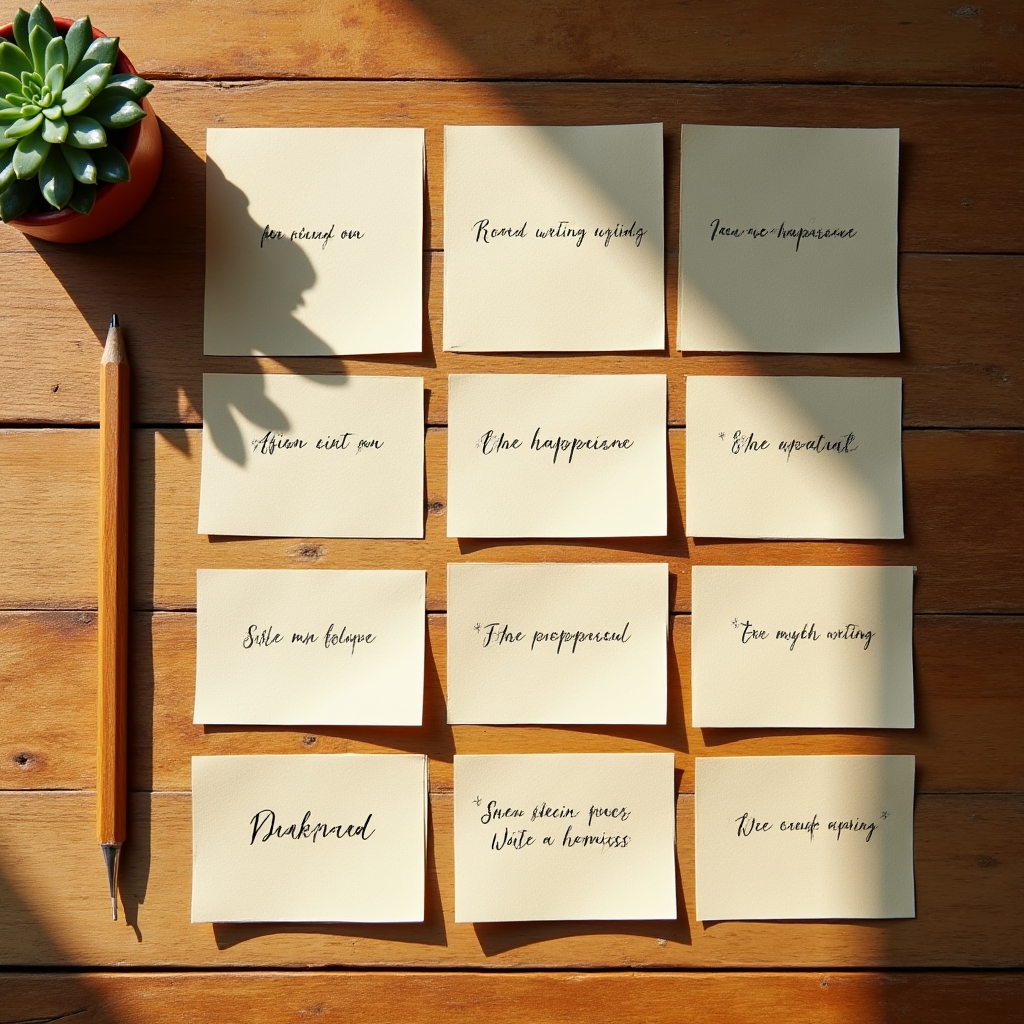 A flat lay of printed writing prompt cards arranged on a wooden table