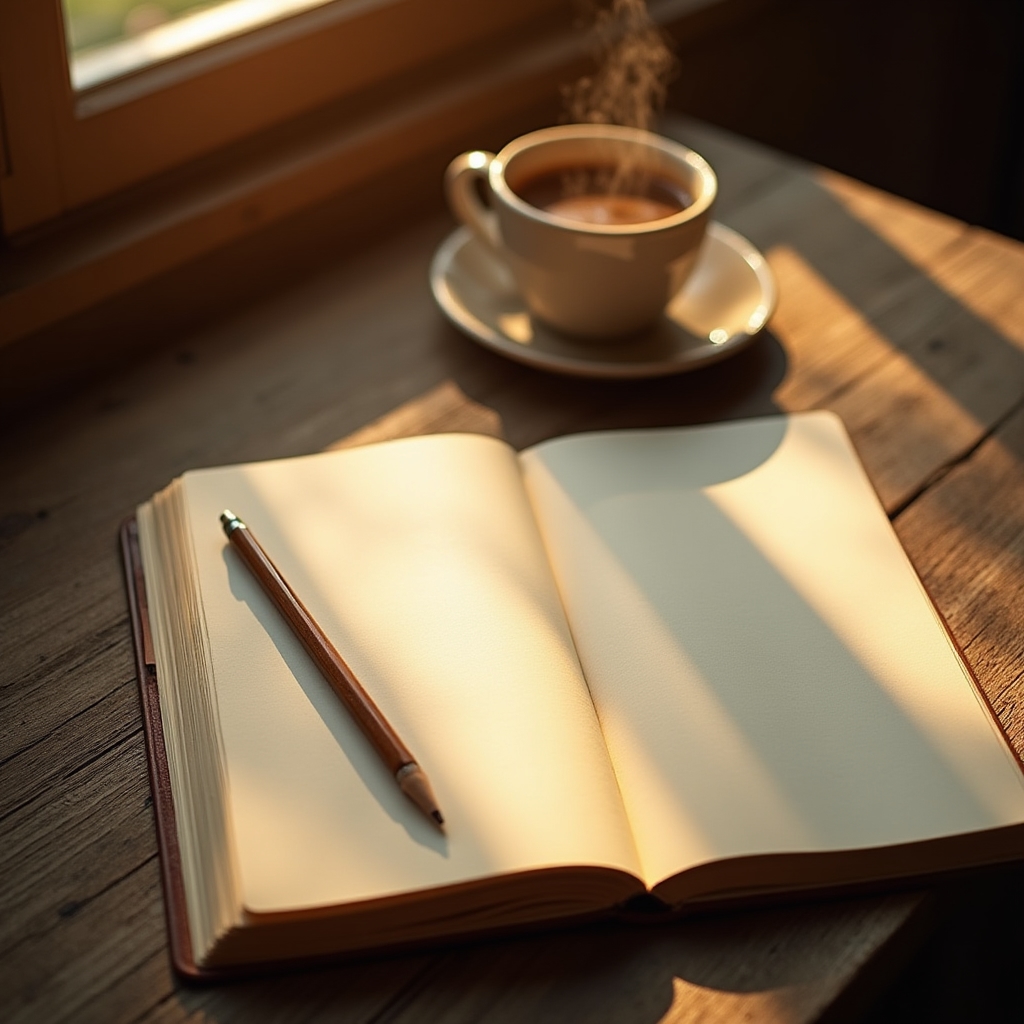 A journal and cup of coffee on a wooden desk near a window in early morning light
